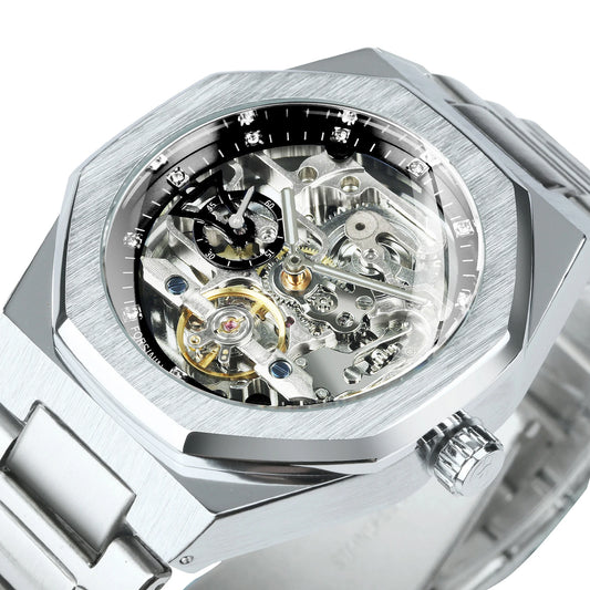 Automatic Men 3D Diamond Dial Skeleton Mechanical Wristwatches luxury fashion watch